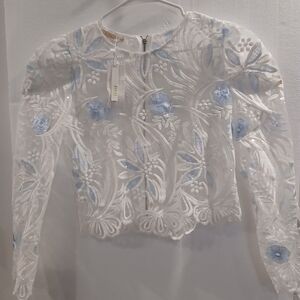 Elegant White and Blue Embroidered Women's Top